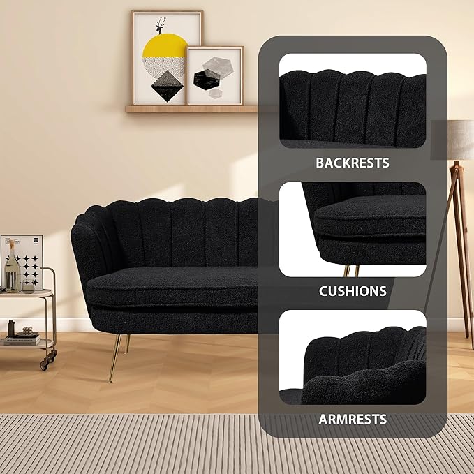 Aoiy &amp Wifon 59 W Comfy Small Loveseat for Small Spaces Upholstered 2-Seat Settee Loveseat with Metal Legs Boucle Black