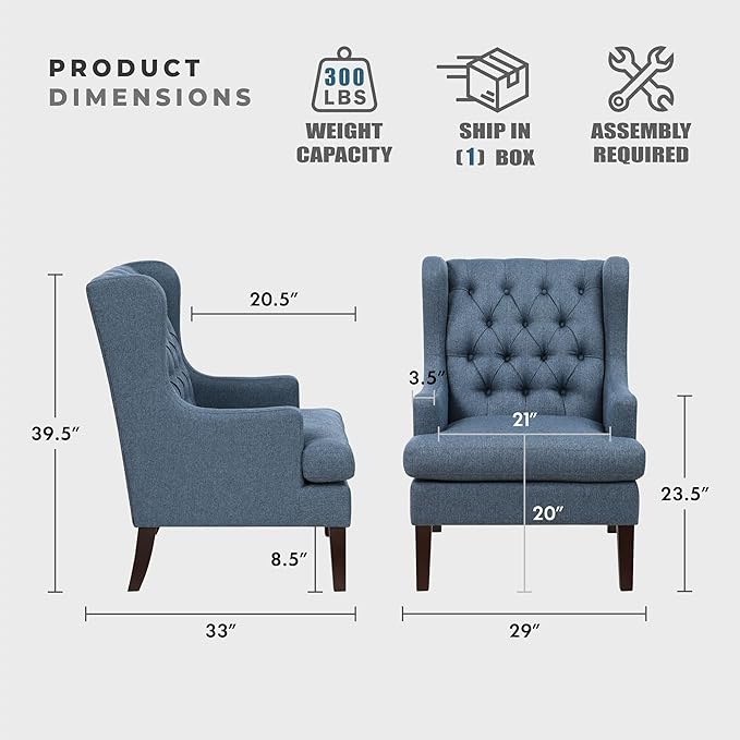 Lexicon Living Room Accent Chair Textured Fabric Upholstered Reading Chair Button-Tufted High Wingback for Living Room/Bedroom/Office Blue