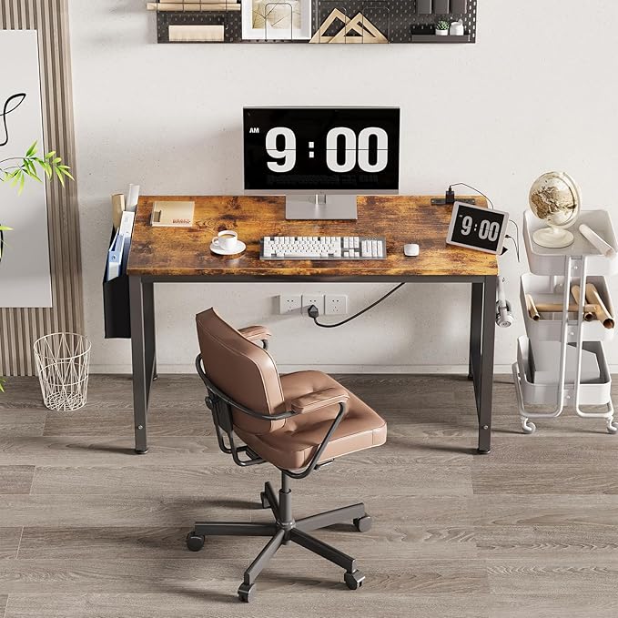 Lufeiya Computer Desk with Power Outlet 47 inch Teen Study Table Home Office Work Writing Gaming Desks with Charging Station Outlets Built in Brown