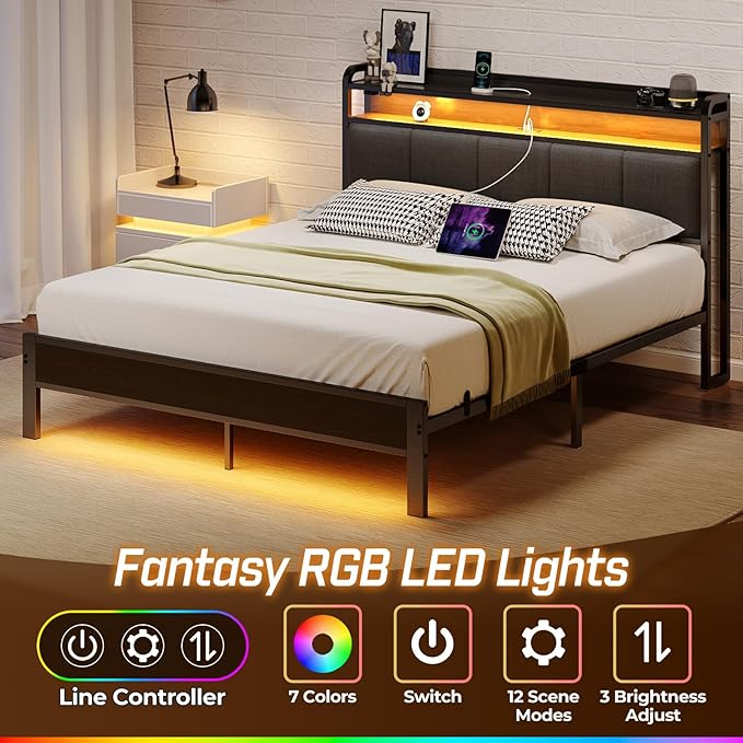 Rolanstar Queen Bed Frame with LED Lights Upholstered Headboard Charging Station Storage Shelves Heavy Duty Metal Slats No Box Spring Needed Noise Free Easy Assembly Dark Grey