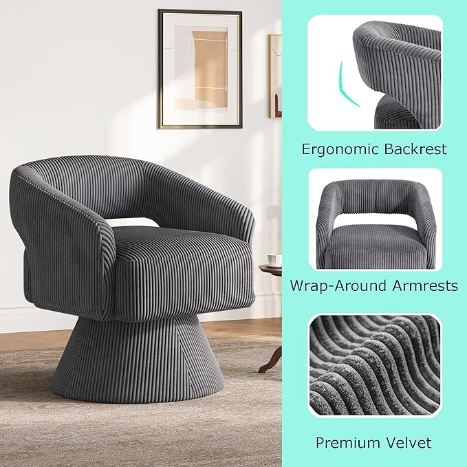 LINSY Swivel Chairs Set of 2 360 Modern Swivel Accent Chair Boucle Barrel Accent Chair Gray Corduroy Chair Small Round Chair for Small Spaces Bedroom Living Room