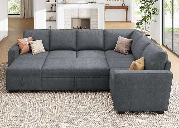 HONBAY Modular Sectional Couch with Pull Out Bed Chenille Sleeper Sofa with Storage Seats Ottoman U Shaped Sectional Couches for Living Room Bluish Grey