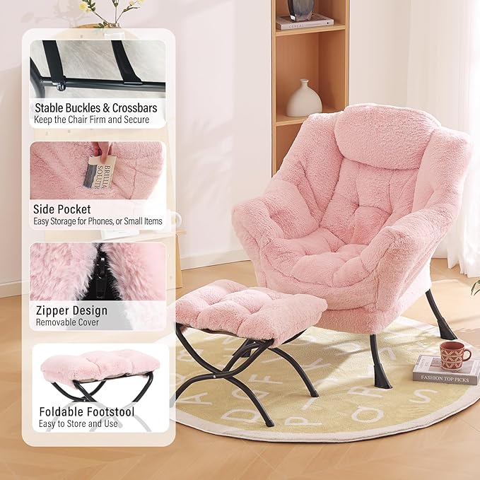 Lazy Chair with Ottoman Modern Accent Chair with Armrests and a Side Pocket Plush Pink Accent Chairs Reading Chairs Oversized Armchairs for Bedroom Study Living Room Courtyard