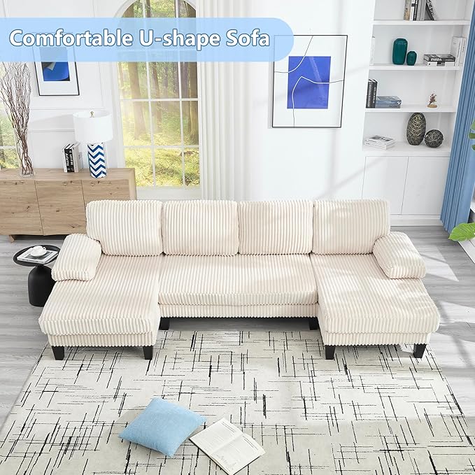 Sectional Couches for Living Room 114 Cloud Couch Modular Sofa Convertible U Shaped Couchs with Double Chaise 4-Seat Deep Seats Corduroy Sleeper Sofas for Home Furniture Beige