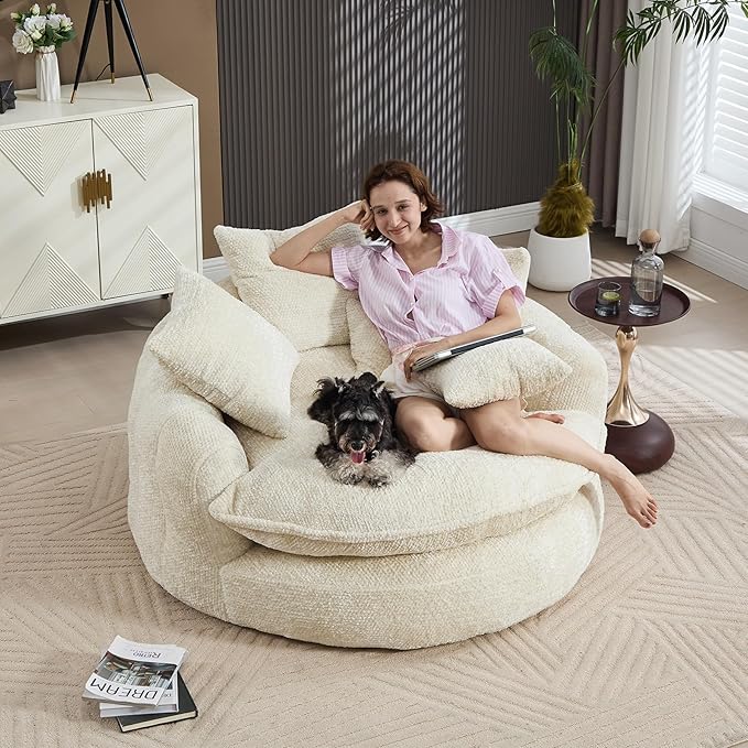 55 inch Oversized Round Chair Fluffy Chenille Boneless Sofa with Extra Deep Seat for Living Room Lounge (Beige)