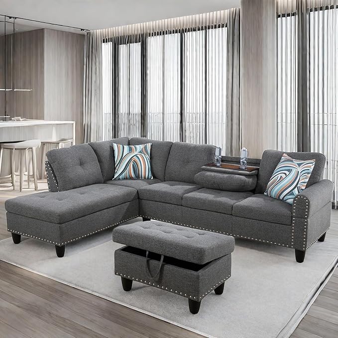 L Shaped Sectional Couch with Ottoman Modern Lounge Modular Sectional Sofa with Cup Holder Nail-Head Design L Shaped Couch for Living Room Bedroom Gray
