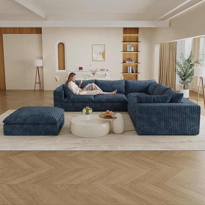 118.2 Modern V Shaped Corner Sofa Comfy Modular Sectional Cloud Couch with Plush Corduroy Fabric Deep Seat Upholstered Sofa Boneless Couches for Living Room No Assembly (Blue + Ottoman)