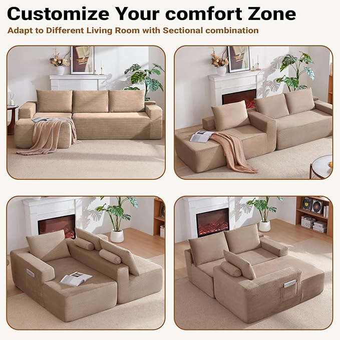 97 Cloud Sectional Couch Modern Boneless Couch with L-Shape Chaise Deep Seat Modular Sectional Sofa Corduroy Corner Foam Couches for Living RoomNo Assembly Required(Camel Right Chaise)
