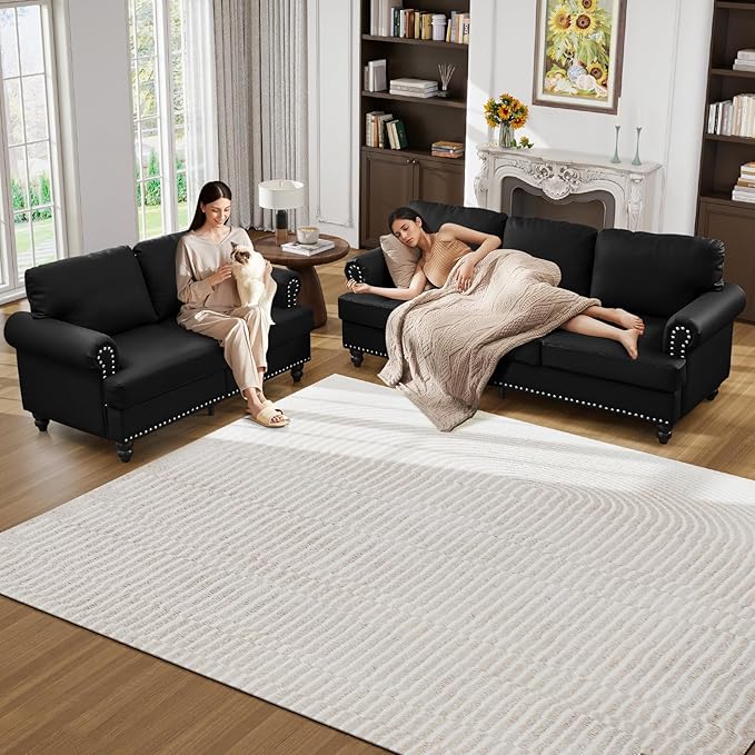 Couch and Loveseat Set Mid Century Chesterfield Faux Leather Vintage Retro Classic 3 Seater Loveseat Sofa Couch with Storage Nailhead Trim &amp Rolled Armrests for Living Room Bedroom Office Black