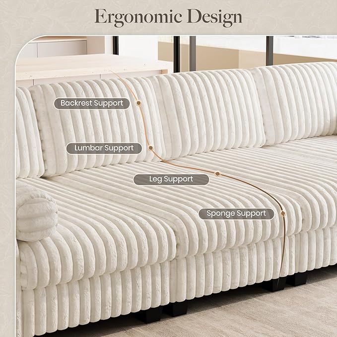 Belffin Plush Corduory Sectional Sleeper Sofa with Wide Deep Seat Modular Sectional Cloud Couches for Living Room. Beige Couch