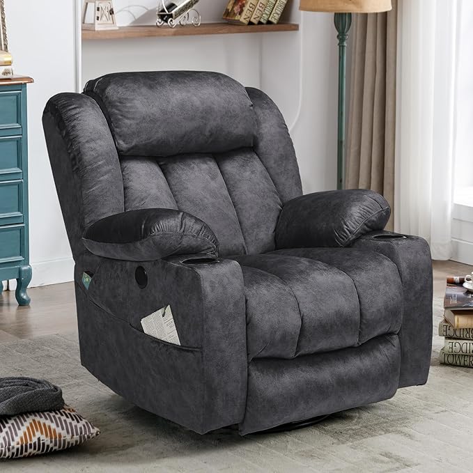 Manual Swivel Glider Rocker Recliner Chair with Heated Massage 360° Swivel Overstuffed Lounge Chair with 2 Cup Holders Side Pockets &amp USB Ports for Living Room Fabric Gray