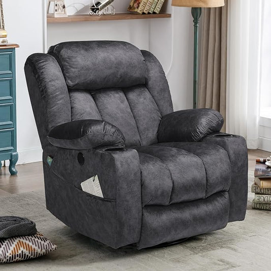 Manual Swivel Glider Rocker Recliner Chair with Heated Massage 360° Swivel Overstuffed Lounge Chair with 2 Cup Holders Side Pockets &amp USB Ports for Living Room Fabric Gray