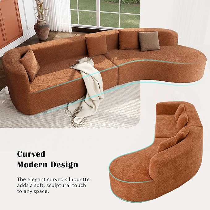 132 Large Sponge Modular Sofa Modern Sectional Sofa with Curved Design 2-Piece Chenille Modular Couch with 4 Pillows Plush Sponge &amp Spring Cushion for Living Room (Orange103)