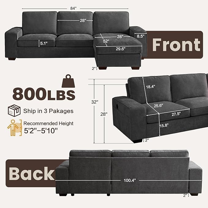 PARKOL 99 L-Shaped Sectional Couch with Storage Sofa with Reversible Chaise USB Type-C Charging Chenille Fabric Removable Cushion Covers for Small Space Apartment Living Room Dark Gray