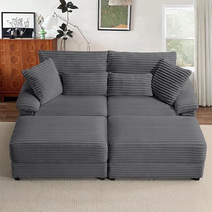 SUNWAVE 74 W Double Chaise Lounge Chair Indoor Oversized Loveseat with Storage Ottoman Corduroy Couch with USB Charging Removable Ottoman and Coffee Table Cushions for Living Room Bedroom