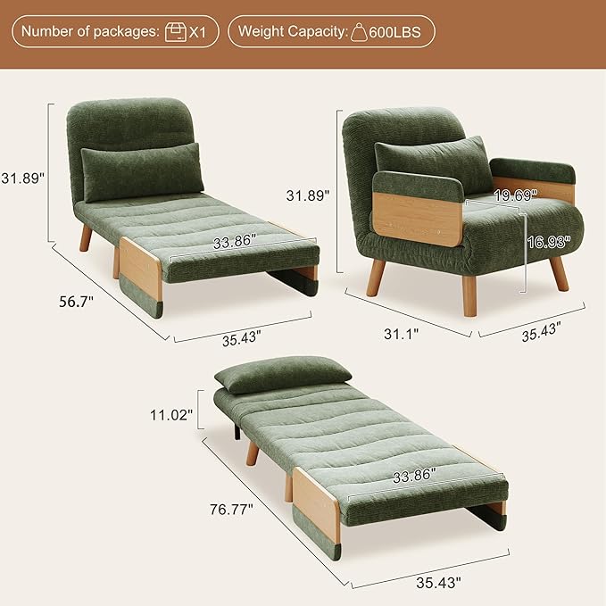 Convertible Sleeper Sofa Bed 3 in 1 Foldable Couch Bed with Reclining Backrest for Living Room Bedroom (GreenComfort/35.43)