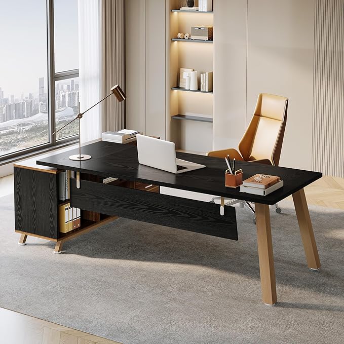 Tribesigns 78.7 L-Shaped Executive Desk Modern Office Desk with File Drawers &amp Storage Shelves Large Computer Desk with 55-Inch Cabinet Business Workstation for Home Office Black &amp Walnut
