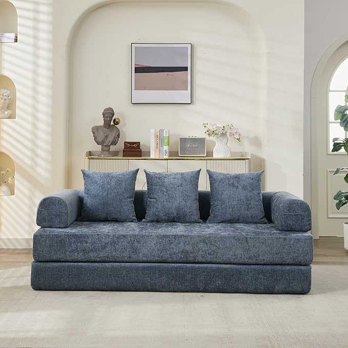 Convertible Folding Sofa Bed Modular Floor Couch 78.8‘’ Cloud Sleeper Sofa with Removable Backrest Chenille Foldable Mattress Couch Lazy Loveseat for Small Space Apartment Bedroom Blue