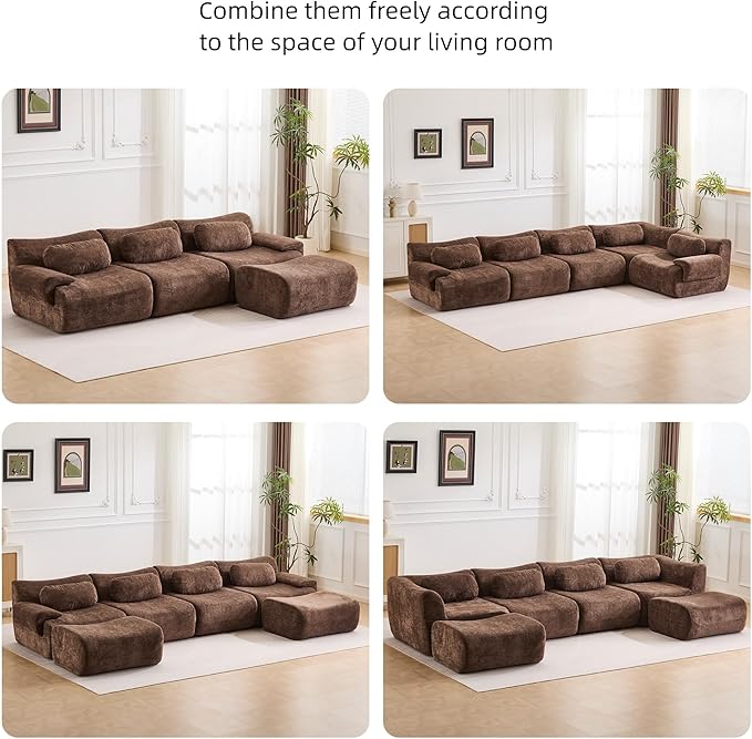 148.2 Boneless Couches for Living Room Set Cloud Modular Sectional Sofa in a Box Memory Foam Modern Couch Big Comfy Compressed Sofas U Shaped Couch with Ottoman Bedroom Apartment Chocolate