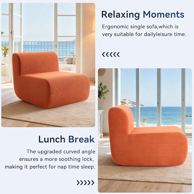 Boneless Sofa 26'' Single Sofa 1 Seater Cloud Floor Couch Corduroy No Assembly Needed Modern Compression Armless Couch in A Box Erogonomic for Living RoomBedroomOffice Orange