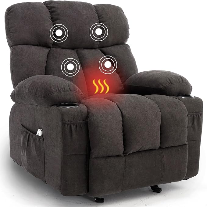 Massage Rocker Recliner Chair with Heat and Vibration Ergonomic Rocking Lounge Chair for Living Room Comfy Overstuffed Recliner with 4 Side Pockets2 Cup Holders USB Charge PortBlack