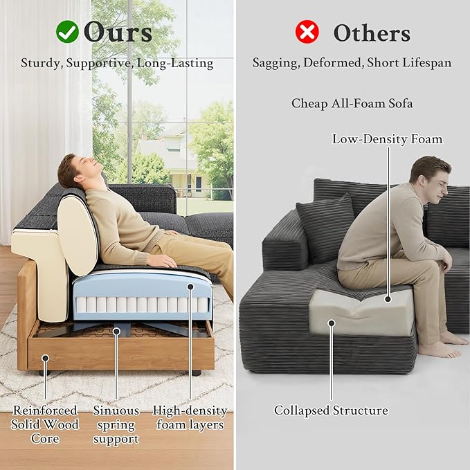 132 Sectional Couch Locked-in Modular Sectional Sofa Wood Frame Couches for Living Room 22 Deep Seat U Shaped Couch with Ottoman Chenille Cloud Sofa Tool-Free Setup Sofas for Living Room