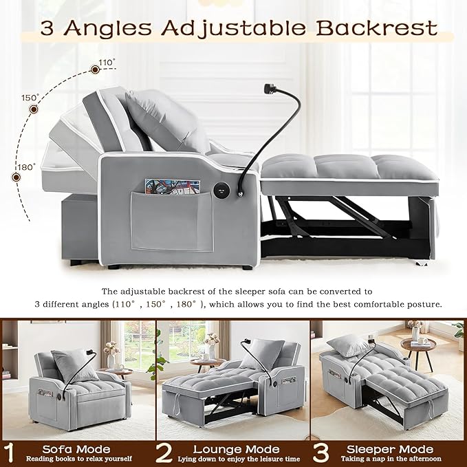 KINFFICT Sleeper Sofa Chair Bed Convertible 3-in-1 Armchair Adjustable Sleeper Chair with Pullout Bed Single Lounger Futon with Side Pockets for Living Room (Grey)