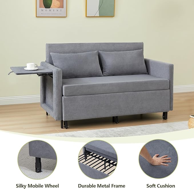 QHITTY Pull Out Couch Bed 2-in-1 Sleeper Sofa Small Loveseat Bed with Hidden Side Table and Iron Frame for Living Room Small Space Apartment (Grey)