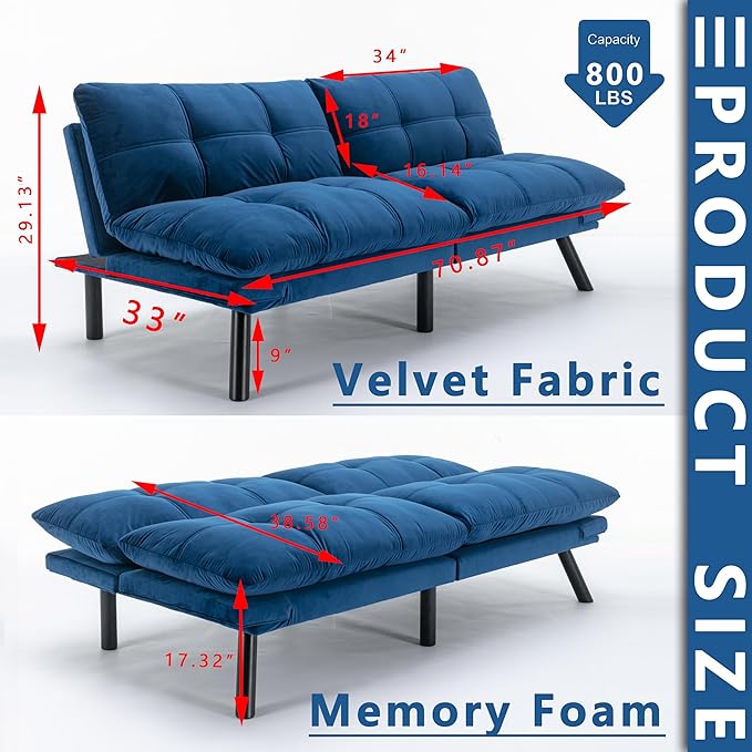 Anwick Modern Futon Couch Bed Sofa: Velvet Fabric Quick Folding Armrest Space-Saving Convertible 2 Seater Loveseat for Living Room Bedroom Small Rooms Apartment (Blue)