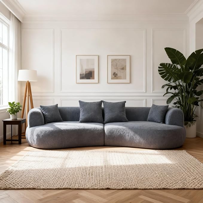 Oversized Sectional Sofa for Living Room 122 Modern Plush Teddy Fabric Sofa 4-Seater Extra Deep &amp Wide Seat Curved Cloud Couch with 4 Throw Pillows Grey