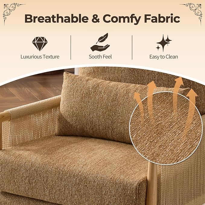 Karl home Cozy Chenille Accent Chair with Lumbar Pillow &amp Rattan Arms Modern Lounge Chair for Living Room Bedroom Reading Nook Khaki
