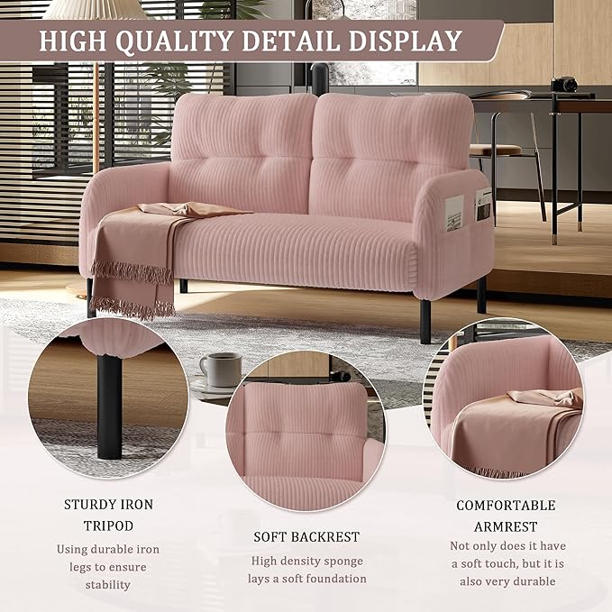Modern Living Room Loveseat Sofa Two-Seater Settee Upholstered Corduroy Fabric Armchair Love Seat Sofa Chair with Side Pocket and Wood Legs for Bedroom/Office/Reading Spaces (Pink)