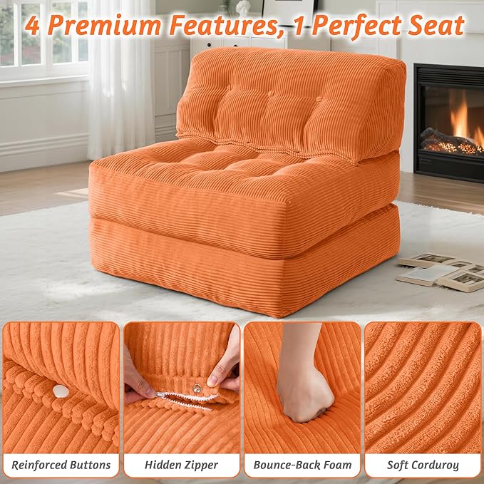 HABUTWAY Folding Sofa Bed Convertible Sleeper Chair Bed with Pillow &amp Handle Foldable Mattress with Back Support Portable Single Couch Comfy Floor Sofa Lounge for Living Room Bedroom(Orange)