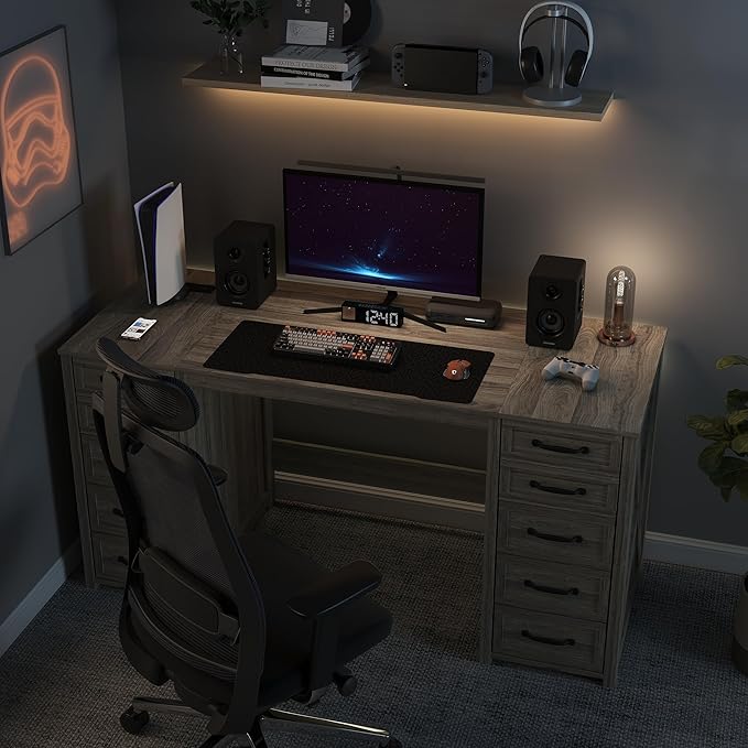 WOPITUES 60 Farmhouse Home Office Desk with 10 Wooden Drawers Rustic Computer Writing Desk with Power Outlets Large Executive Desk with Storage Cabinet for Work Study Writing Craft Gray