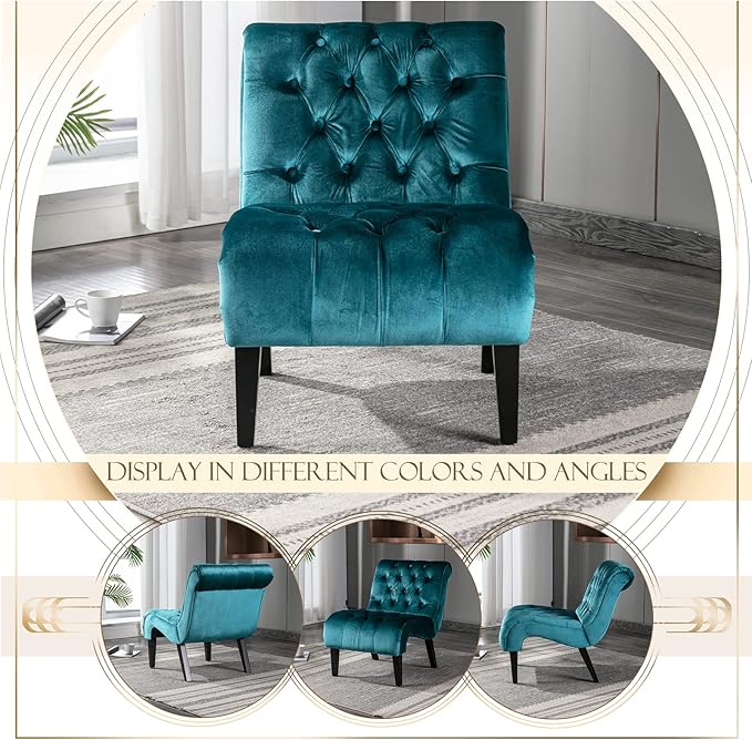 KINFFICT Velvet Accent Lounge Chair for Living Room Modern Leisure Chair with Tufted Backrest Indoor Armless Side Chair Upholstered Bedroom Sleeper Chair with Solid Wood Legs