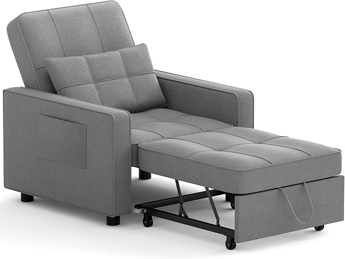 JUMMICO Sleeper Chair 3-in-1 Convertible Sleeper Sofa Bed for Adults Linen Fabric Pull Out Chair Bed with Adjustable Backrest Couches for Living Room Apartment Office Small Space (Light Gray)