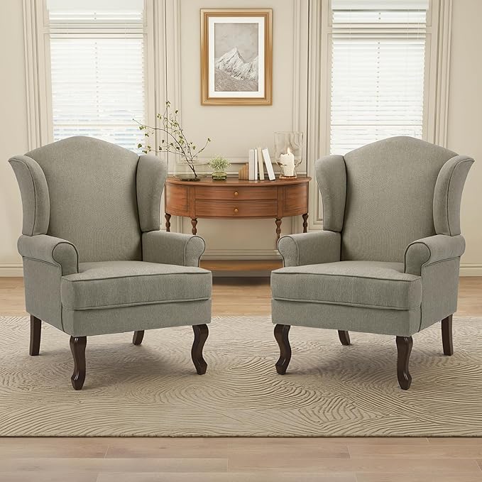 Pia Ricco High Back Floral Accent Chair Upholstered Fabric Armchair with Solid Wood Legs - Retro Living Room Reading Chair Comfortable Single Sofa Seat-Moss Grey
