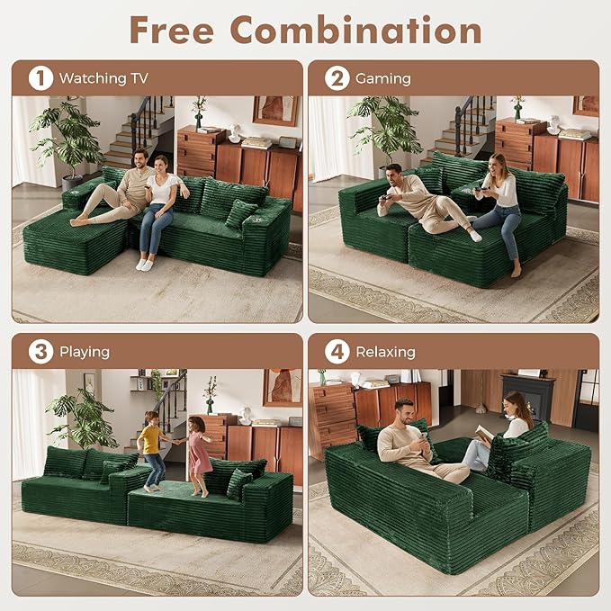 ELUCHANG Oversized 108” Boneless Couch Comfy Cloud Modular Sectional Sofa L-Shape Sofa with Chaise Memory Foam Upholstered Couch for Living Room Bedroom No Assembly Required Corduroy Green
