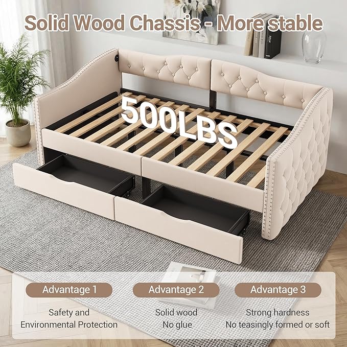 Twin Daybed with Storage Drawers Twin Size Velvet Upholstered Sofa Bed Frame w/USB Port Button Tufted Backrest and Nailhead Daybeds for Living Room Bedroom No Box Spring Needed (Beige)