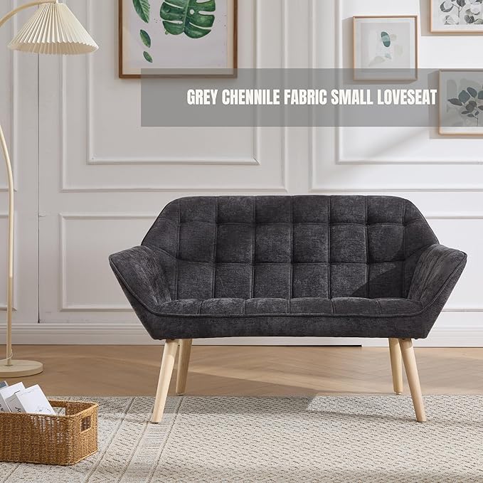 Small Loveseat Sofa 48 inch Chenille Love Seat for Living Room Comfy Mini Couch with Wood Legs for Small Spaces Bedroom Apartment Office Dark Grey