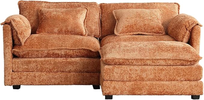 77 L Shaped Modular Sectional Sofa Comfy Upholstery Chenille Cloud Couch Loveseat with Ottoman Modern 3-Seat Deep Seat Sofa with Pillow for Living Room Bedroom Apartment Orange