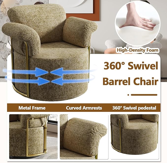 Swivel Accent Chairs for Living Room 360 Swivel Barrel Chair with Arm for Bedroom Upholstered Round Chair &amp Corner Chairs with Gold Frame for Small Spaces Chenille (Brown)
