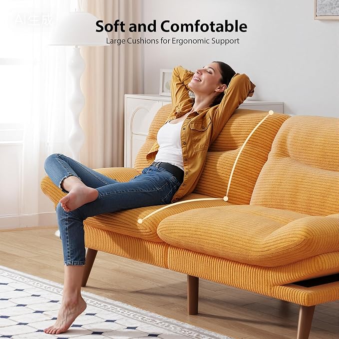 Pipishell Futon Sofa Bed 66 Inch Corduroy Futon Couch Convertible with Adjustable Backrest and Armrests Recliner Sleeper Sofa for Small Spaces Living Room Office Guest Room (Yellow 66 Inch) | Ad