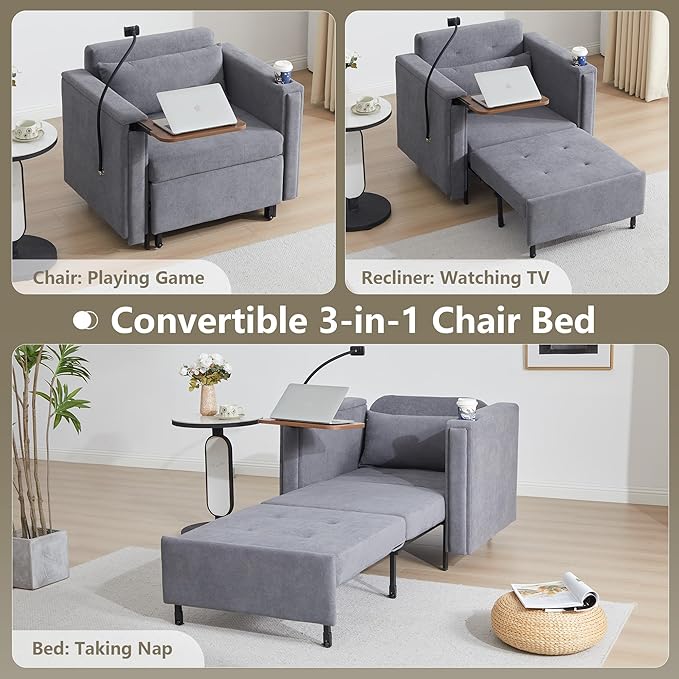 LEVNARY 3-in-1 Convertible Sleeper Chair Pull Out Bed Single Sofa Chair Sleeper for Adults with Hidden Side Table Modern Chenille Fabric Armchair for Bedroom Dorm Home Office (Gray)