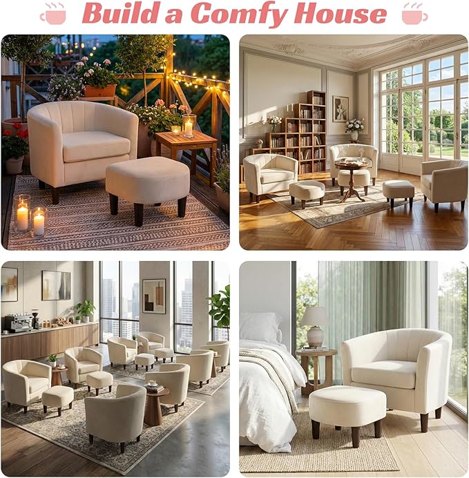 Dkelincs Accent Chair with OttomanBarrel Reading Chair with Velvet Fabric for Living RoomMore Spacious and SupportiveGood Weight CapacityBeige