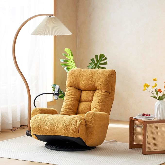 KEIKI Swivel Armchair with Phone Holder Adjustable Backrest &amp Waist Support Upholstered Accent Sofa Chair Comfortable Single Sofa Chair for Living Room Yellow