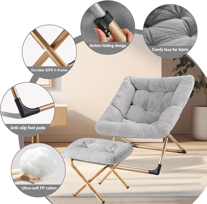 Comfy Oversized Saucer Chair with OttomanSoft Faux Fur Reading Lounge Chair for AdultsStable X-Large Metal Frame and Non-Slip PadCozy Chair for Bedroom Living Room Dorm Light Gray