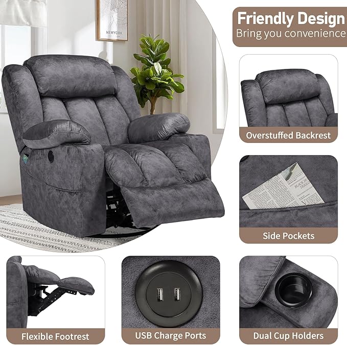 Swivel Rocker Recliner Chair with Heat and Massage Manual Glider Rocking Reclining Chair 360° Swivel Overstuffed Lounge Chair with 2 Cup Holders Side Pockets &amp USB Ports Fabric Grey