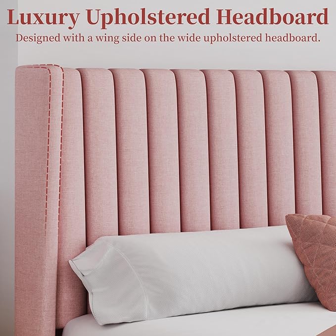 Yaheetech Queen Bed Frame Upholstered Platform Bed with Fabric Headboard Wing Edge Design/Non-Slip and Noise-Free/Wooden Slats Support/No Box Spring Needed/Easy Assembly Pink Queen Bed
