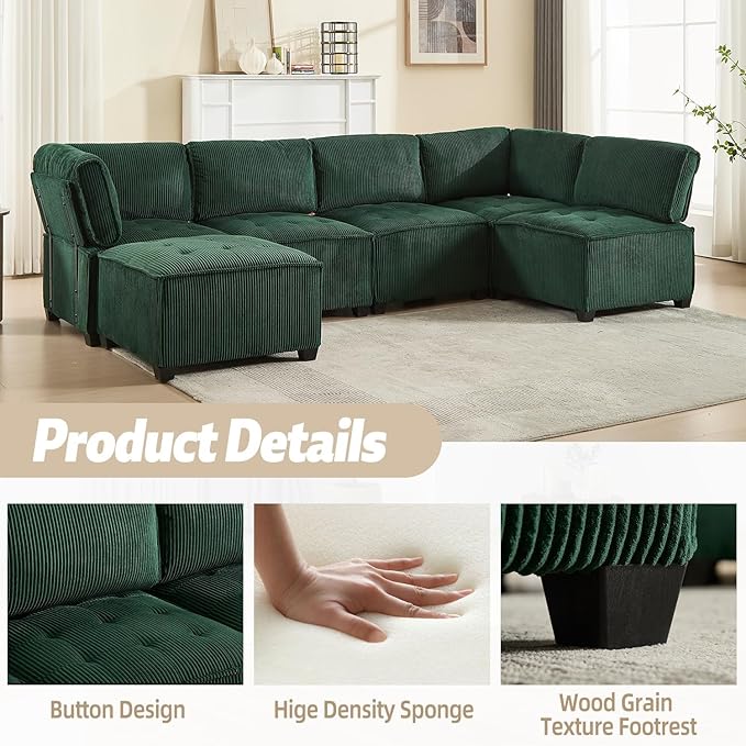 121 Inch Cloud Oversized Modular Sectional Sofa U Shaped Modular Couch with Reversible Chaise Comfy 6 Seat Convertible Sectional Sofa with Ottoman for Living Room-Emerald Green